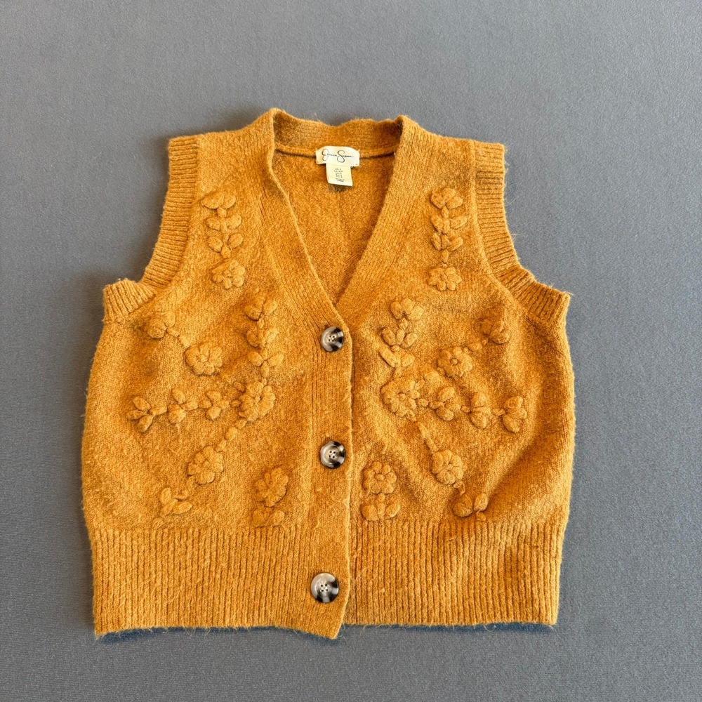 Jessica Simpson Floral Applique Knit Sweater Vest Button Front S Mustard